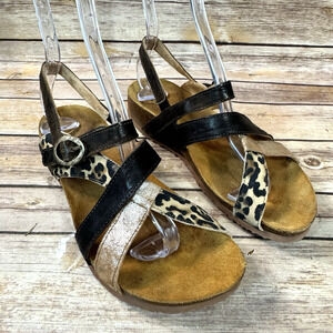 Think! Womens Julia Brown Rose Gold Leather & Leopard Print Slingback Sandals 37